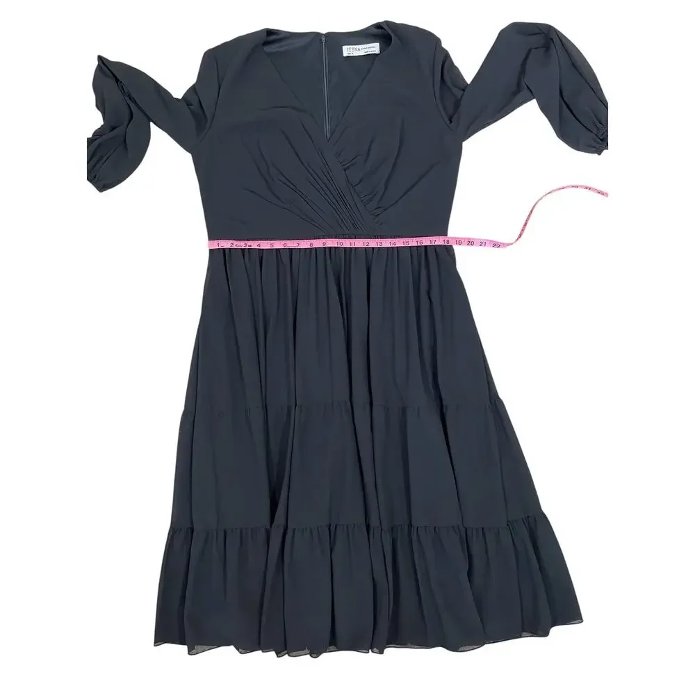 Ieena Mac Duggal Ruched V-Neck Tiered Midi Dress Chiffon Black Sz 14 NWT Chic